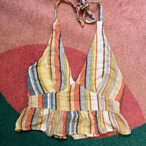 Hurley Halter Top Boho Stripe Crop Shirt Ruffle Size XL Open Back Beach Surf